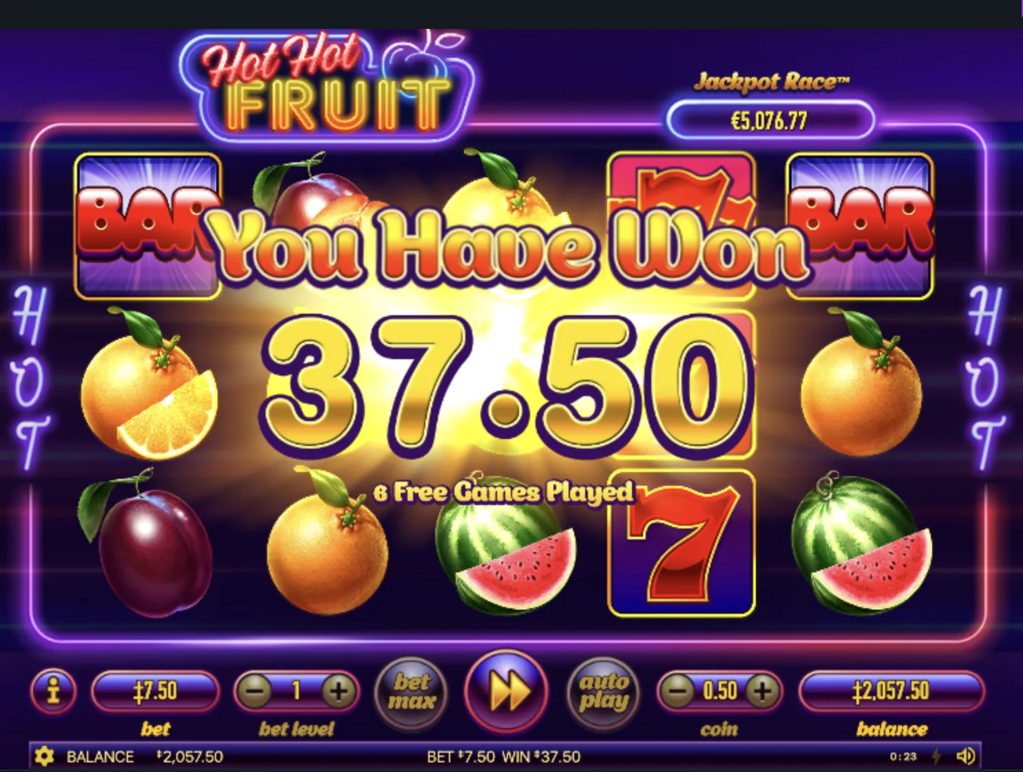 Hot Hot Fruit free games result screen after 6 free games