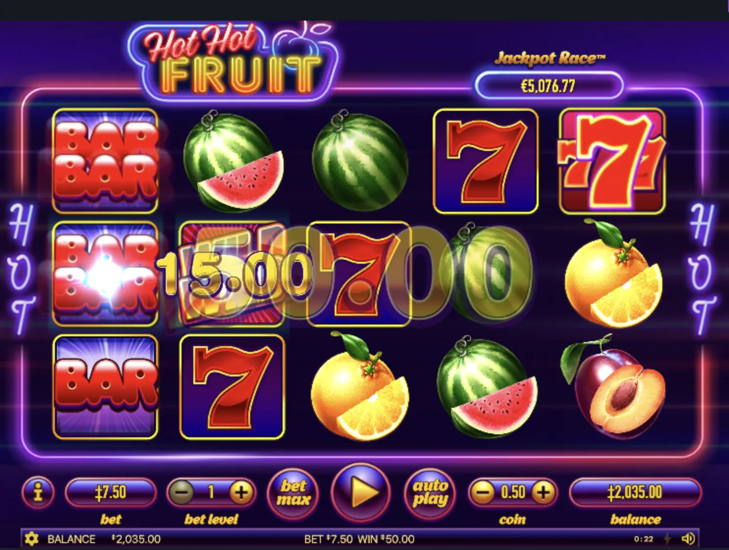 Hot Hot Fruit reels with a triple seven from the Hot Hot upgrade