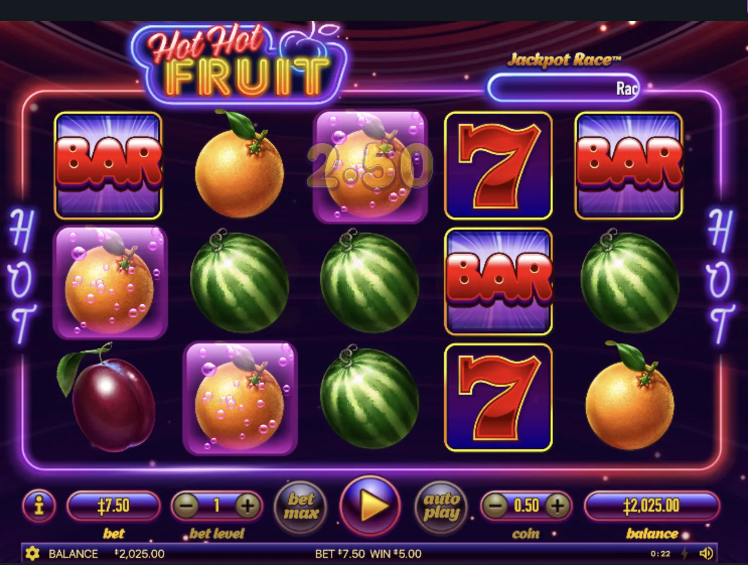 Hot Hot Fruit base game reels with upgraded orange symbols